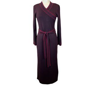 Papell Boutique Long Sleeve Brown Red V-Neck Wool Blend Sweater Dress w/Belt LG